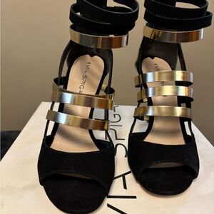 Via Spiga Black and Gold Strappy Heels